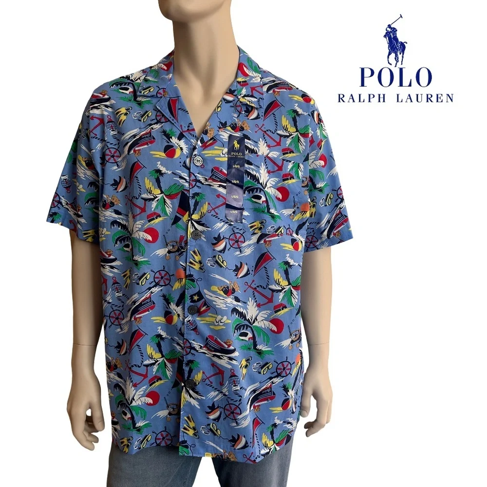 Polo Ralph Lauren Hawaiian Shirt 67 Bear Fun Tropical Vacation All Over Print - Picture 11 of 13